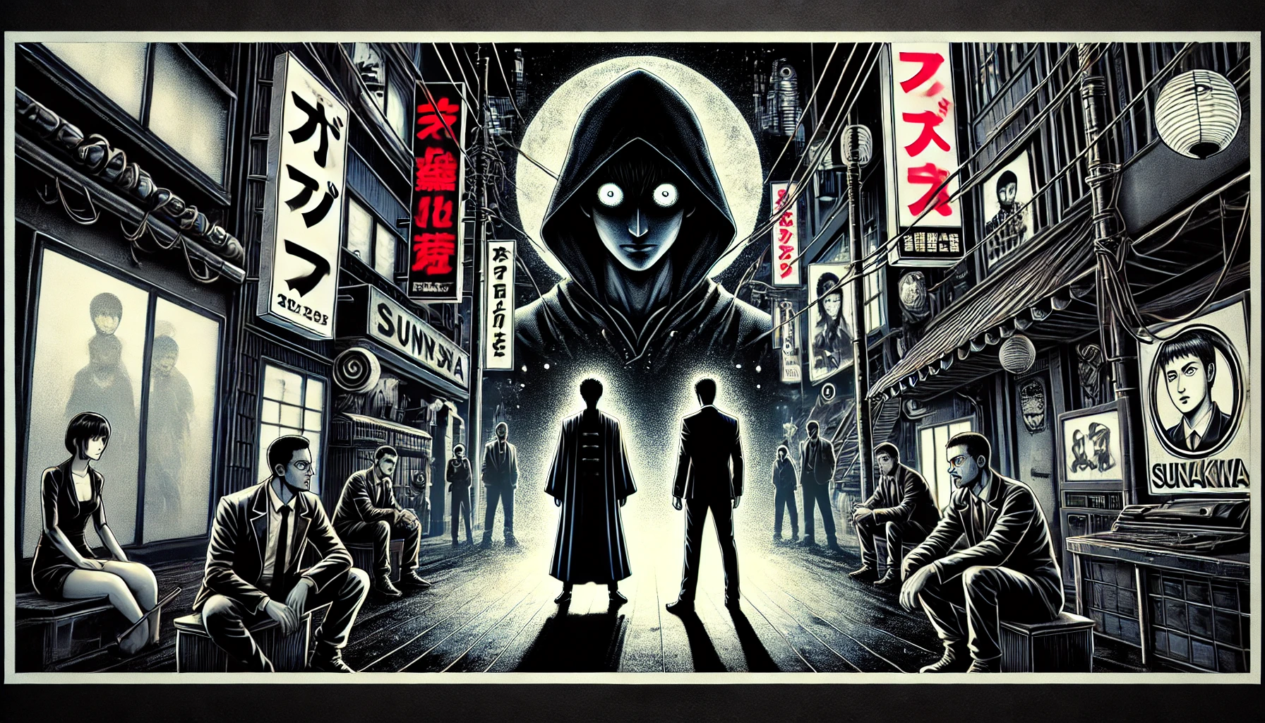 1. アイキャッチ画像: 暗い雰囲気の裏社会を舞台にした漫画風イラスト。ネオンの街を背景に、鋭い眼光を持つ男たちが対峙する緊迫感のある構図。中央に「ファブル 砂川 死亡」を象徴するような影の人物を配置。シリアスで劇画調。横長構図。 2. H2見出し画像1（ファブル 砂川 死亡の結末とその背景）: 真黒組の幹部を思わせるスーツ姿の男が暗い部屋で銃を握る姿。背後には組織の影を象徴する複数の人物のシルエット。砂川の野心と最期を予感させる冷たい雰囲気。横長構図。 3. H2見出し画像2（ファブル 砂川 死亡から見る物語の深層）: 佐藤アキラと山岡を思わせる二人の人物が緊張感ある対峙をする場面。片方は冷静なプロの殺し屋、もう片方は狂気的な表情の男。背景は赤と黒のコントラストで物語の深層を象徴。横長構図。